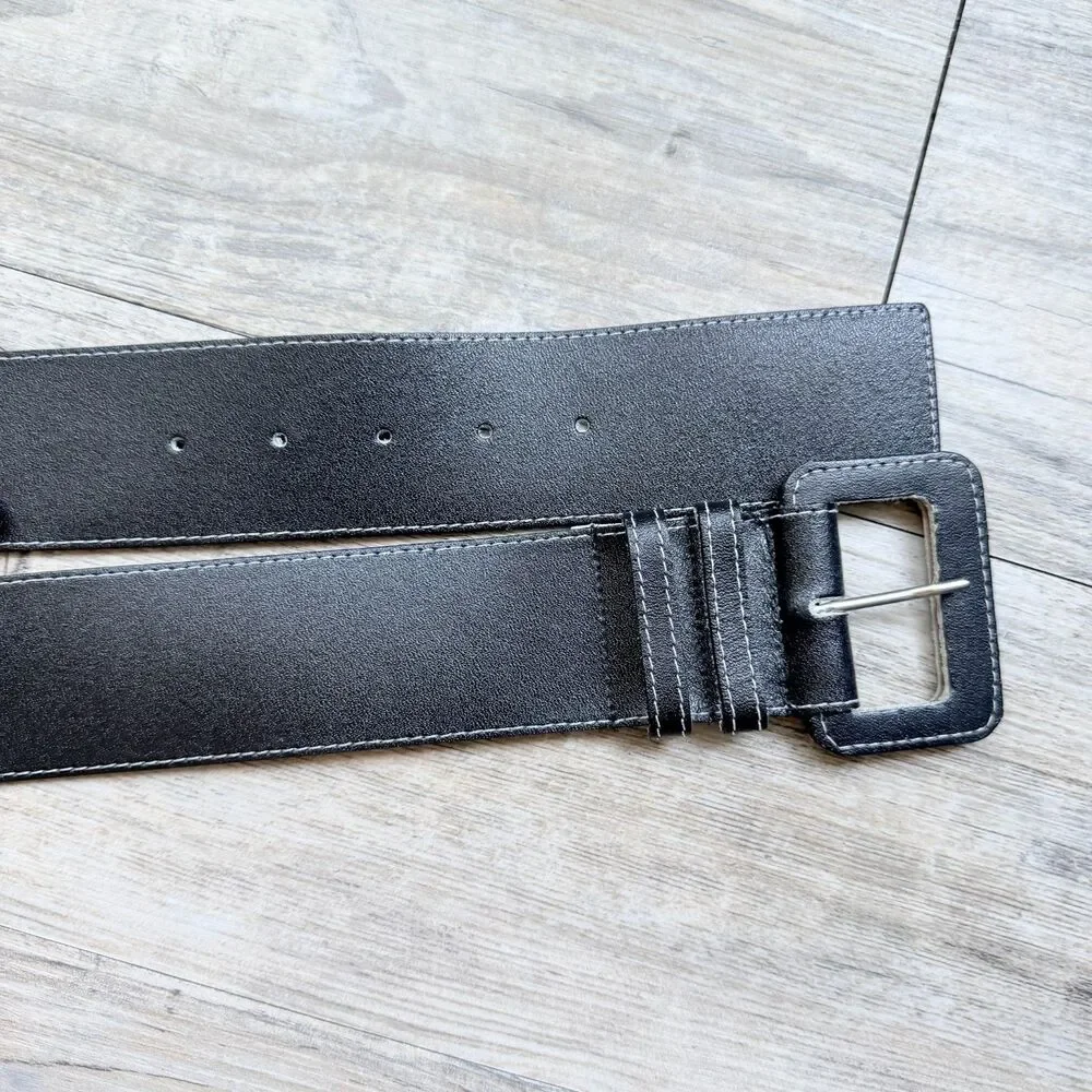 Vintage Wide Black Leather Belt Square Covered Buckle Size 30 Minimalist